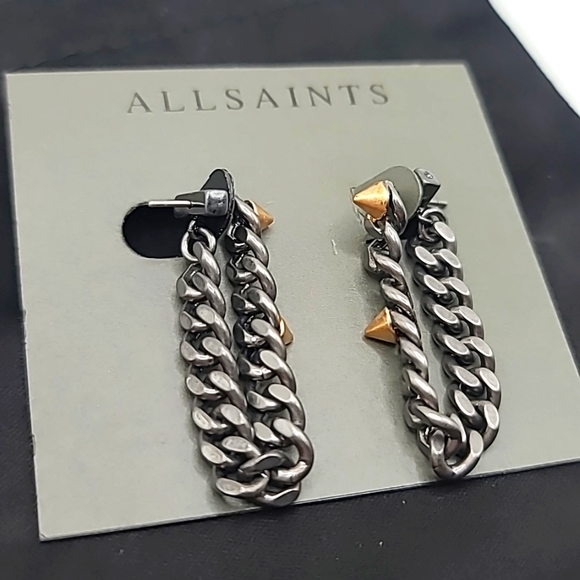 AllSaints Gunmetal Chain & Gold Stud Drop Earrings - Picture 3 of 3